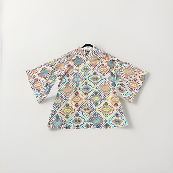 La Vie Style House Embroidered Multicolor Geometric Linen Blend Caftan One Size - Picture 1 of 5